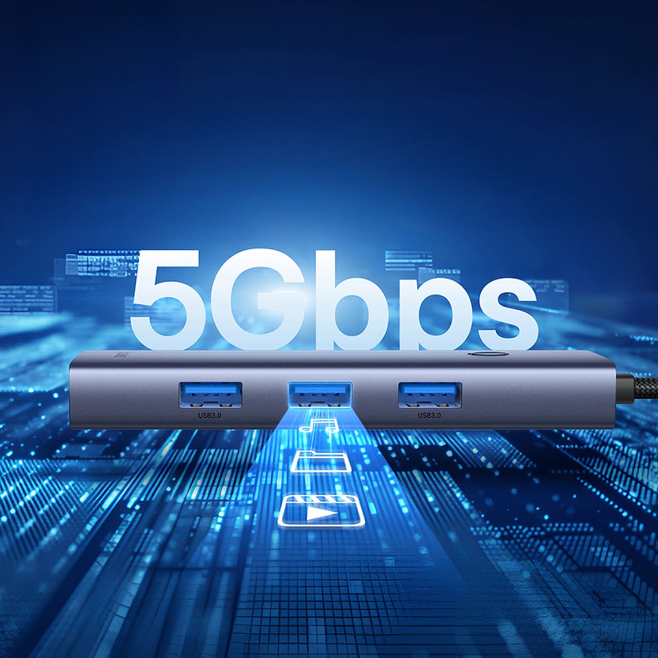 Baseus UltraJoy-serien USB-A-hubb, 4xUSB-A 3.0, 1xUSB-C 5 V – grå