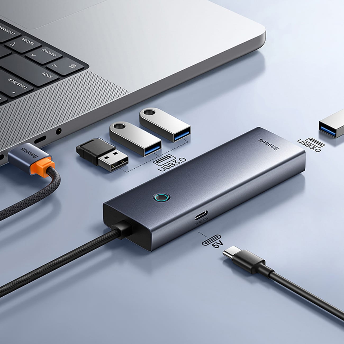 Baseus UltraJoy-serien USB-A-hubb, 4xUSB-A 3.0, 1xUSB-C 5 V – grå