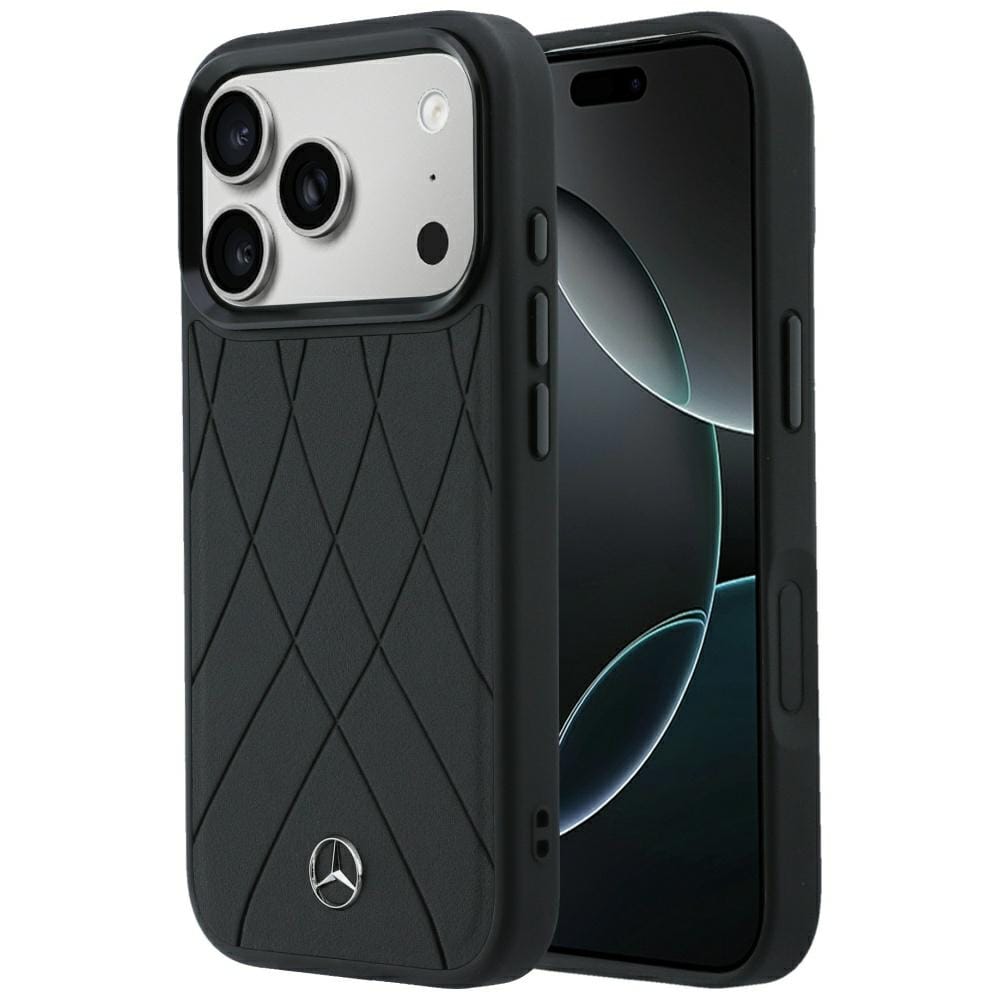 Mercedes läderfodral med korsade linjer och MagSafe för iPhone 17 Pro / 18 Pro – Svart
