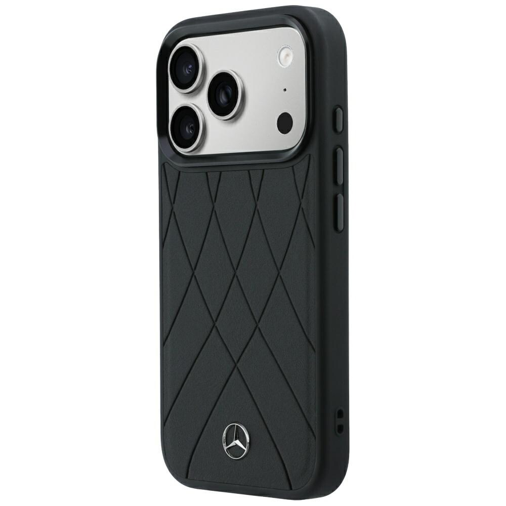 Mercedes læderetui med krydsende linjer og MagSafe til iPhone 17 Pro / 18 Pro – sort