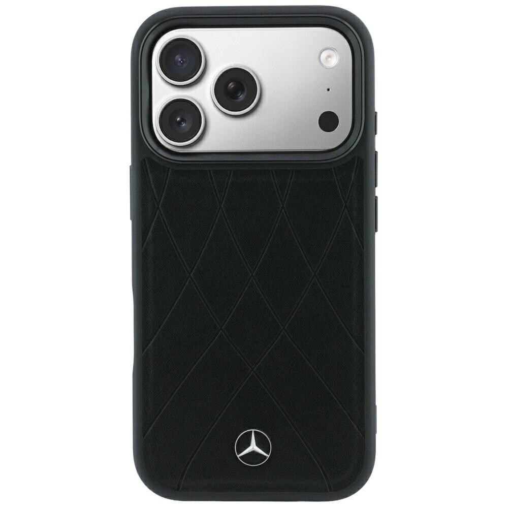 Mercedes læderetui med krydsende linjer og MagSafe til iPhone 17 Pro / 18 Pro – sort