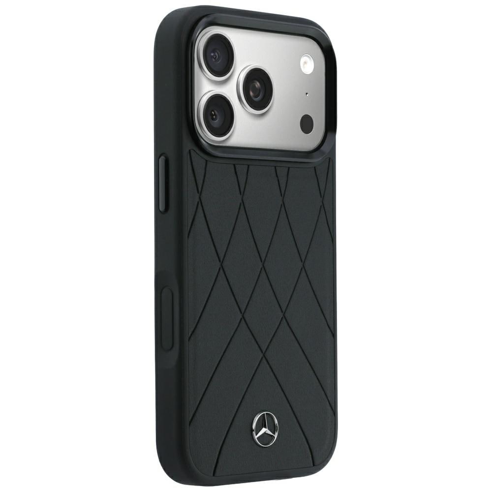 Mercedes læderetui med krydsende linjer og MagSafe til iPhone 17 Pro / 18 Pro – sort