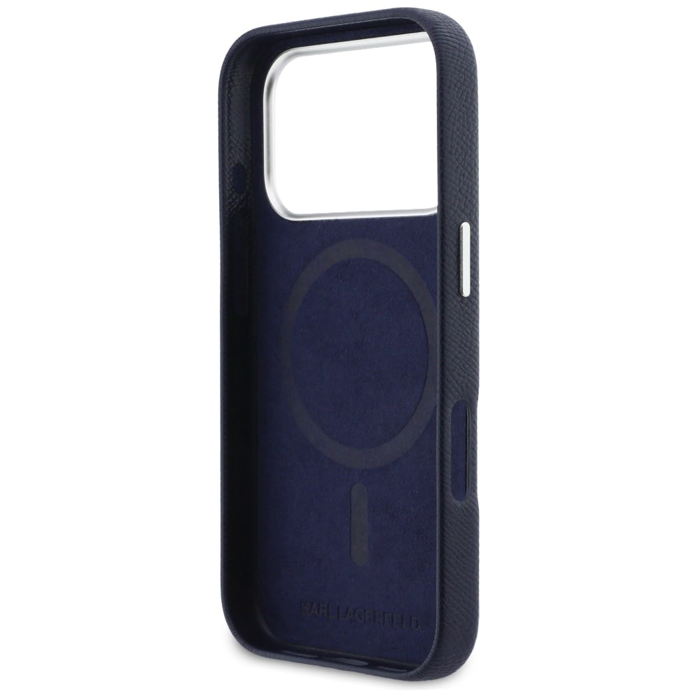 Karl Lagerfeld Karl & Choupette huvudnålar Saffiano MagSafe-fodral för iPhone 17 Pro – Blått