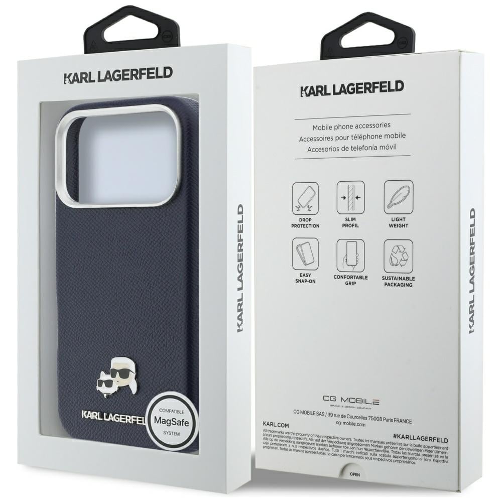 Karl Lagerfeld Karl & Choupette huvudnålar Saffiano MagSafe-fodral för iPhone 17 Pro – Blått