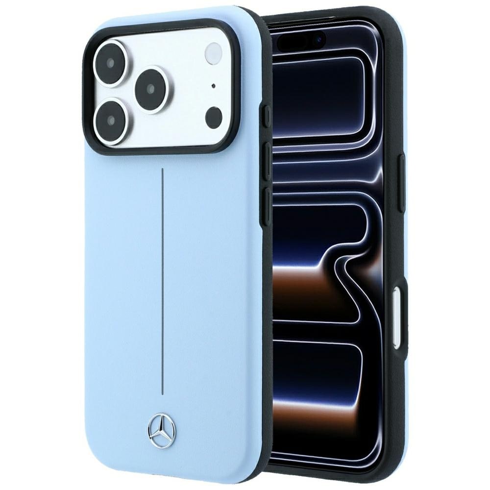 Mercedes Iconic Line läderfodral halvomslutande med MagSafe för iPhone 18/17 Pro Max – Blå