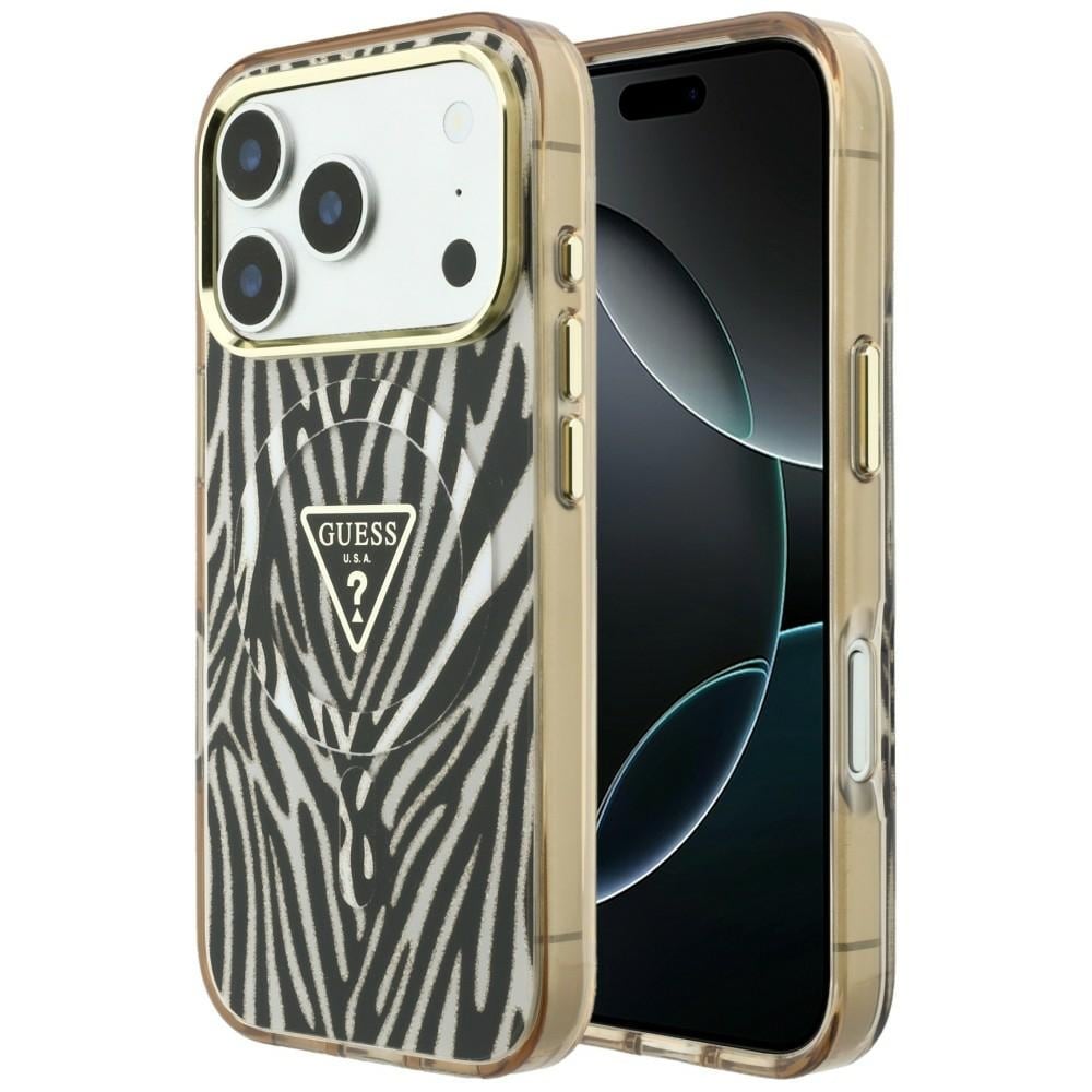 Guess IML Zebra Glitter Triangle Logo MagSafe-skal för iPhone 17 Pro / 18 Pro – Guld