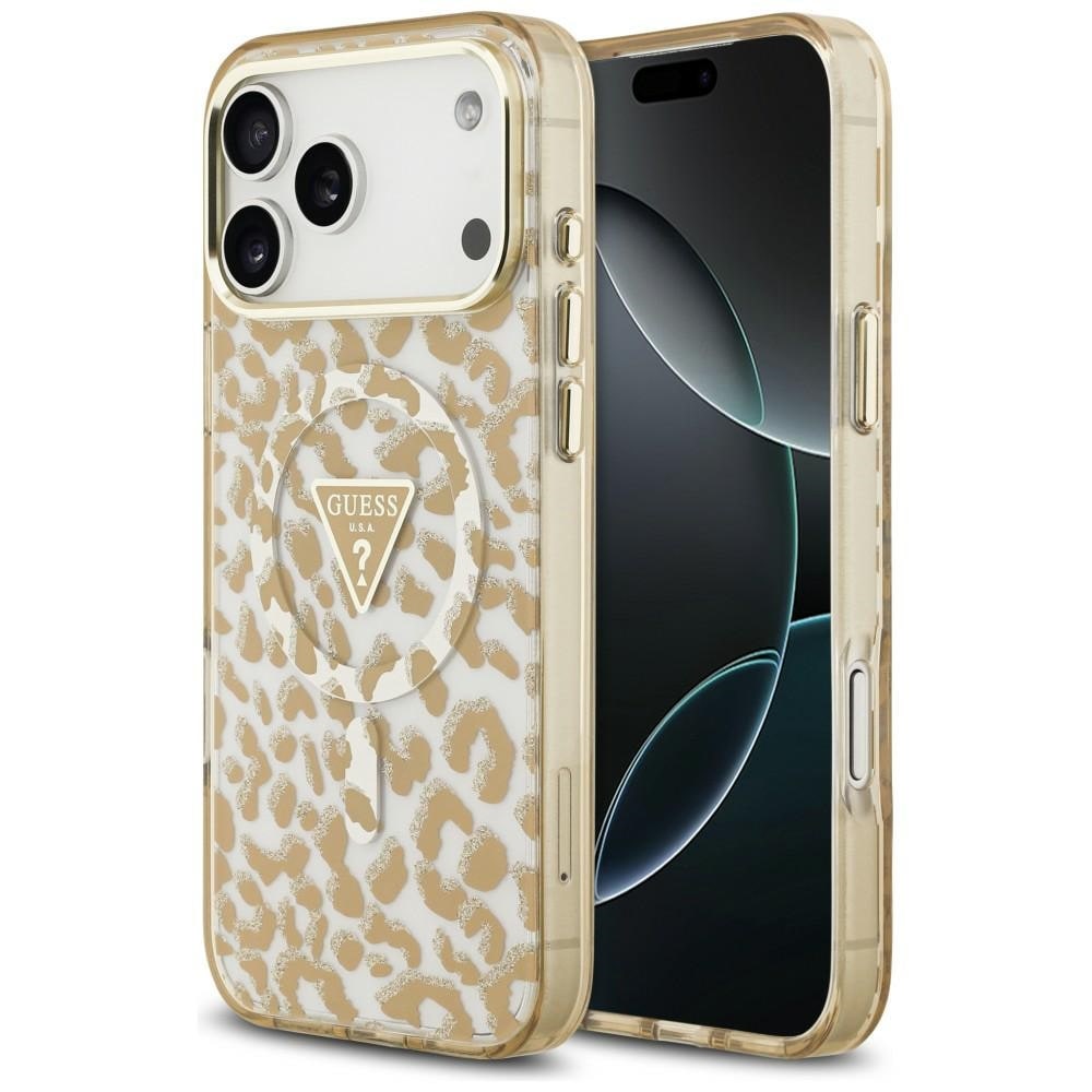 Guess IML-fodral leopardmönster, glitter, triangulär logo, MagSafe för iPhone 17 Pro/18 Pro – brunt
