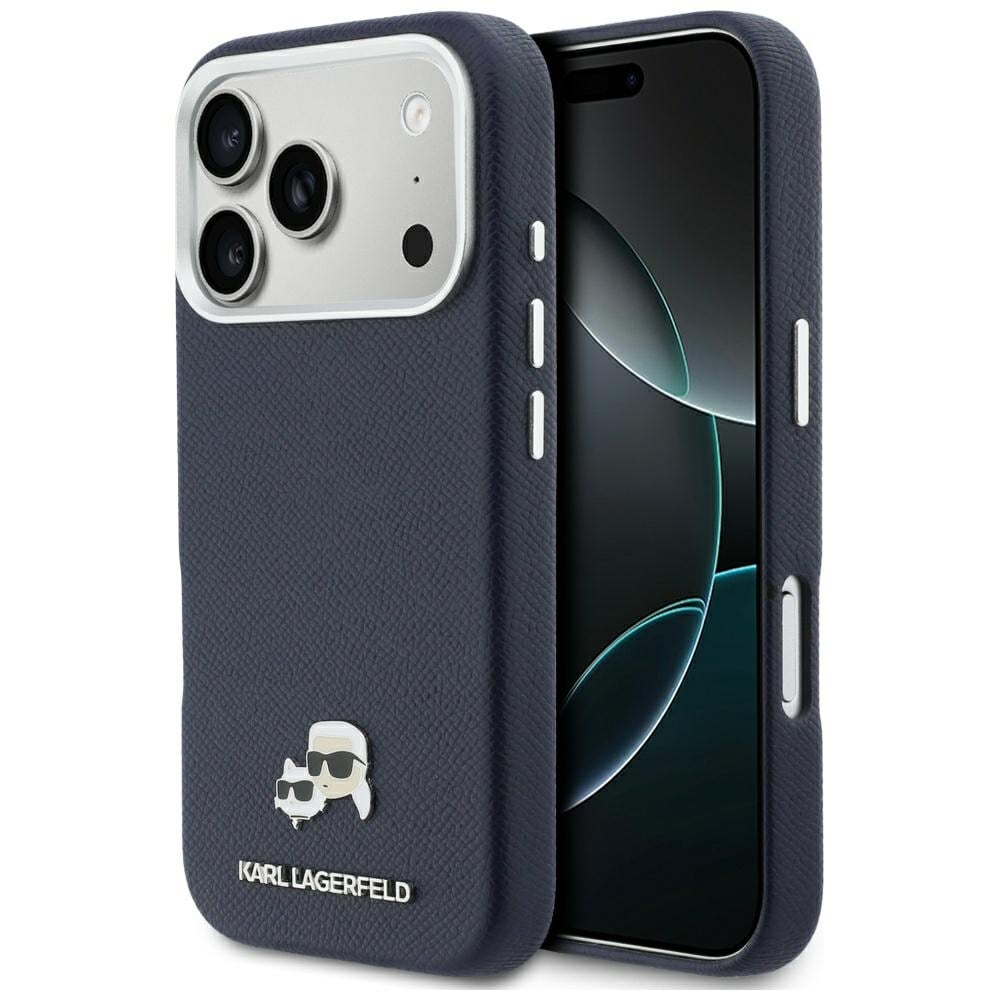 Karl Lagerfeld Karl & Choupette-nålbroderat Saffiano MagSafe-fodral iPhone 17 Pro Max – Blått