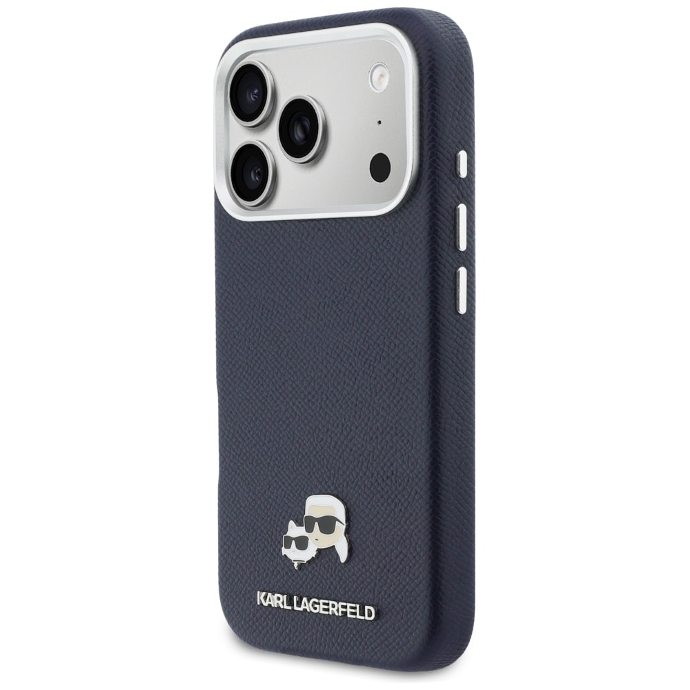 Karl Lagerfeld Karl & Choupette-nålbroderat Saffiano MagSafe-fodral iPhone 17 Pro Max – Blått