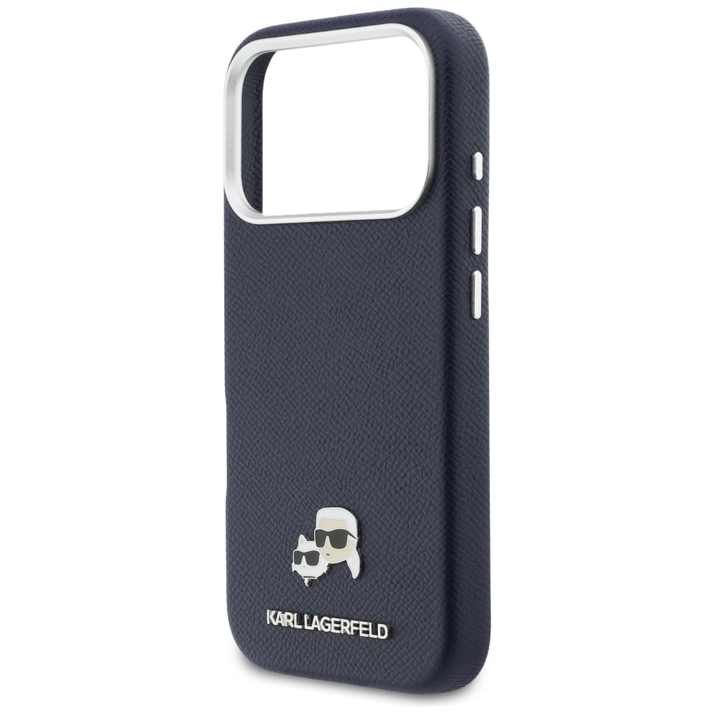 Karl Lagerfeld Karl & Choupette-nålbroderat Saffiano MagSafe-fodral iPhone 17 Pro Max – Blått