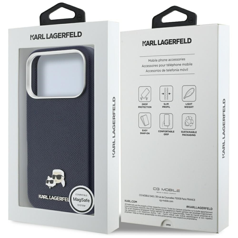 Karl Lagerfeld Karl & Choupette-nålbroderat Saffiano MagSafe-fodral iPhone 17 Pro Max – Blått