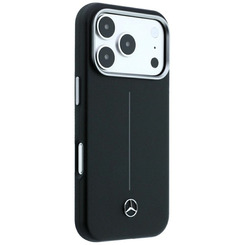 Mercedes Iconic Line läderfodral halvomslag med MagSafe för iPhone 18/17 Pro Max – Svart
