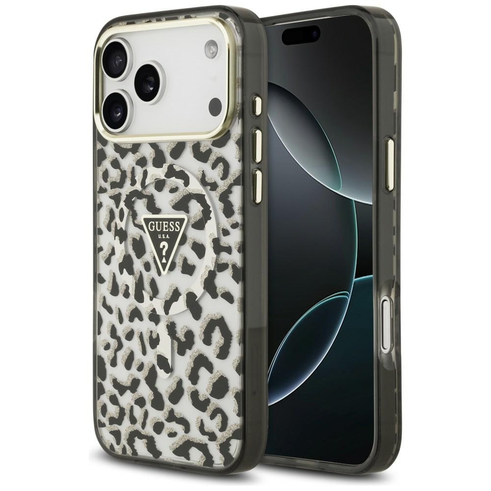 Guess IML-fodral leopard, glitter, triangellogo, MagSafe för iPhone 17/18 Pro Max – Svart