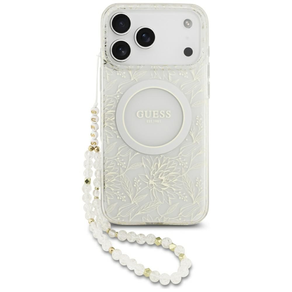 Guess IML-fodral blommönster, galvaniserat, pärlemorsrem, MagSafe för iPhone 18/17 Pro Max – Vit