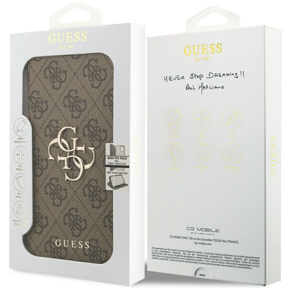 Guess Book 4G metallfodral med logotyp för iPhone 18 Pro Max / 17 Pro Max – Brunt