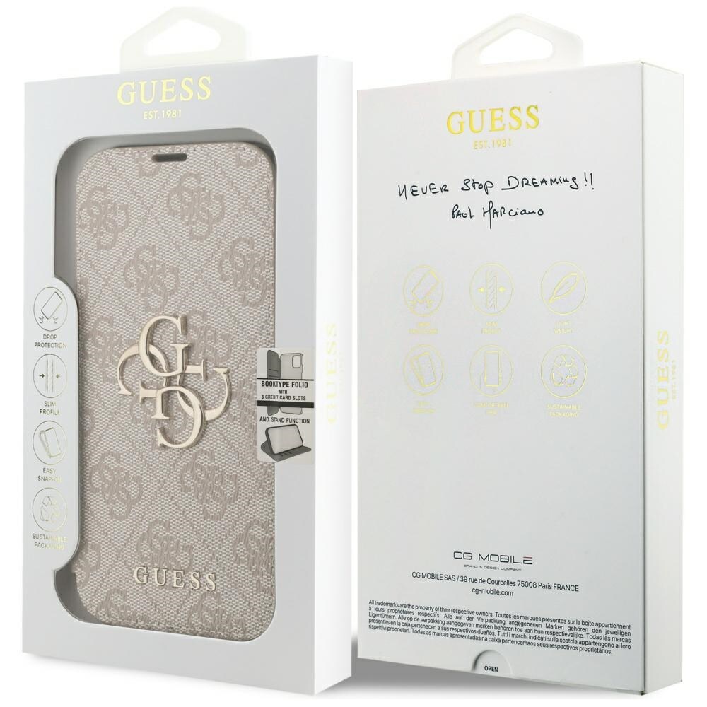 Guess Book 4G metallfodral med logotyp för iPhone 18 Pro / 17 Pro – Rosa
