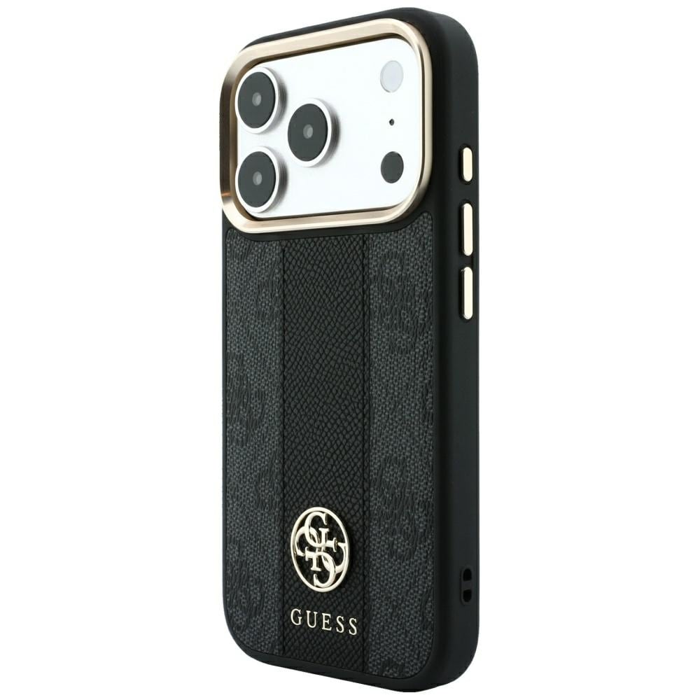 Guess 4G m. Stripe-logoer (runde & Classic) – MagSafe-etui til iPhone 17/18 Pro Max – Sort
