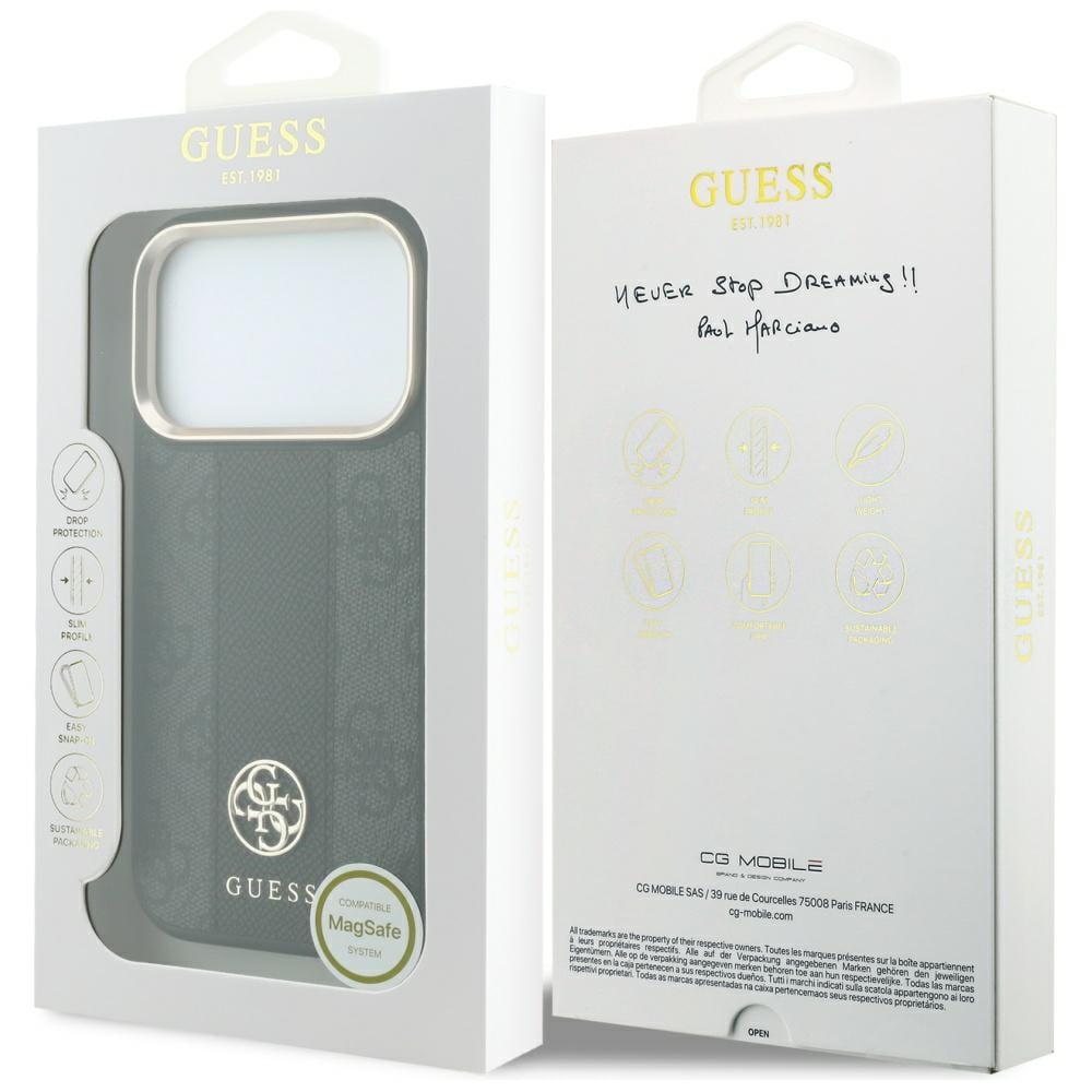 Guess 4G m. Stripe-logoer (runde & Classic) – MagSafe-etui til iPhone 17/18 Pro Max – Sort