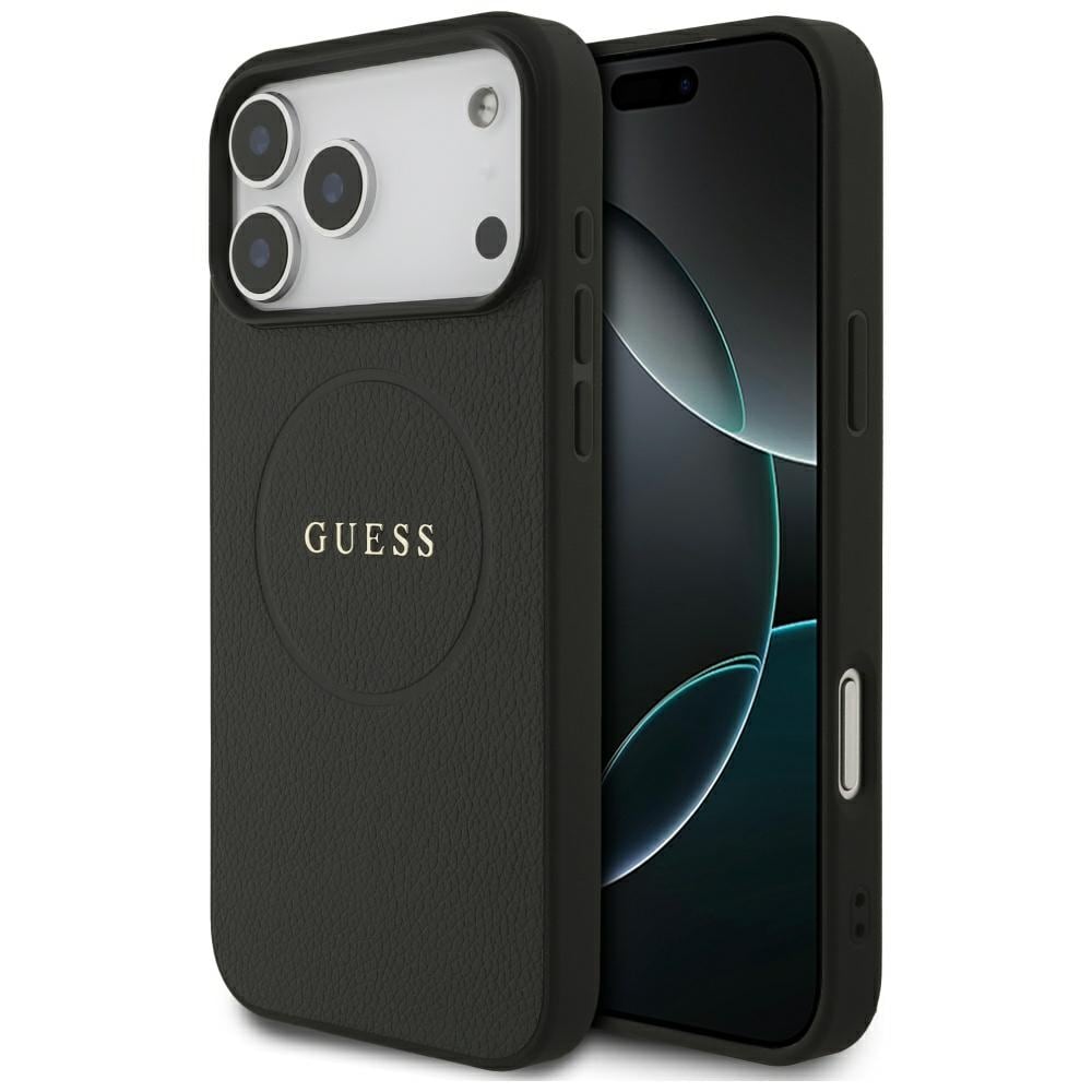 Guess MagSafe-fodral med guldring i kornmönster för iPhone 18 Pro Max / 17 Pro Max – Svart