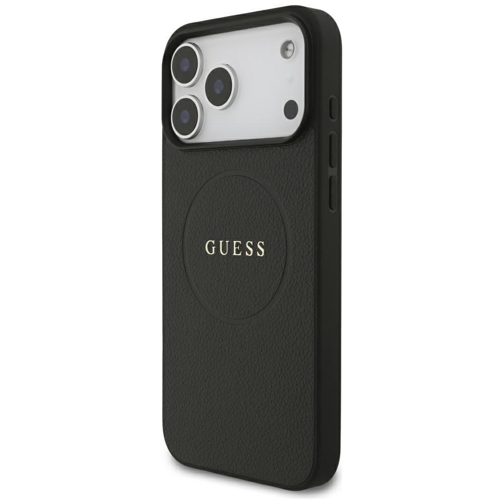 Guess MagSafe-fodral med guldring i kornmönster för iPhone 18 Pro Max / 17 Pro Max – Svart