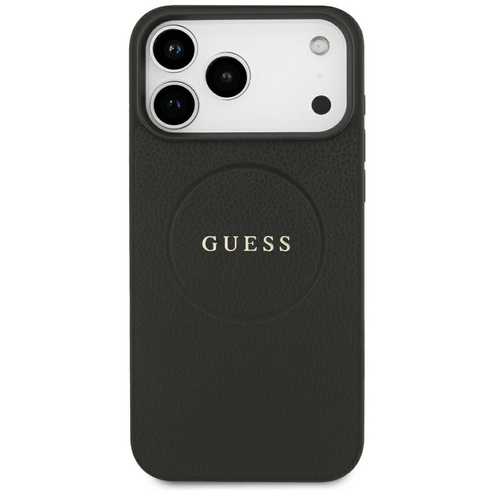 Guess MagSafe-fodral med guldring i kornmönster för iPhone 18 Pro Max / 17 Pro Max – Svart