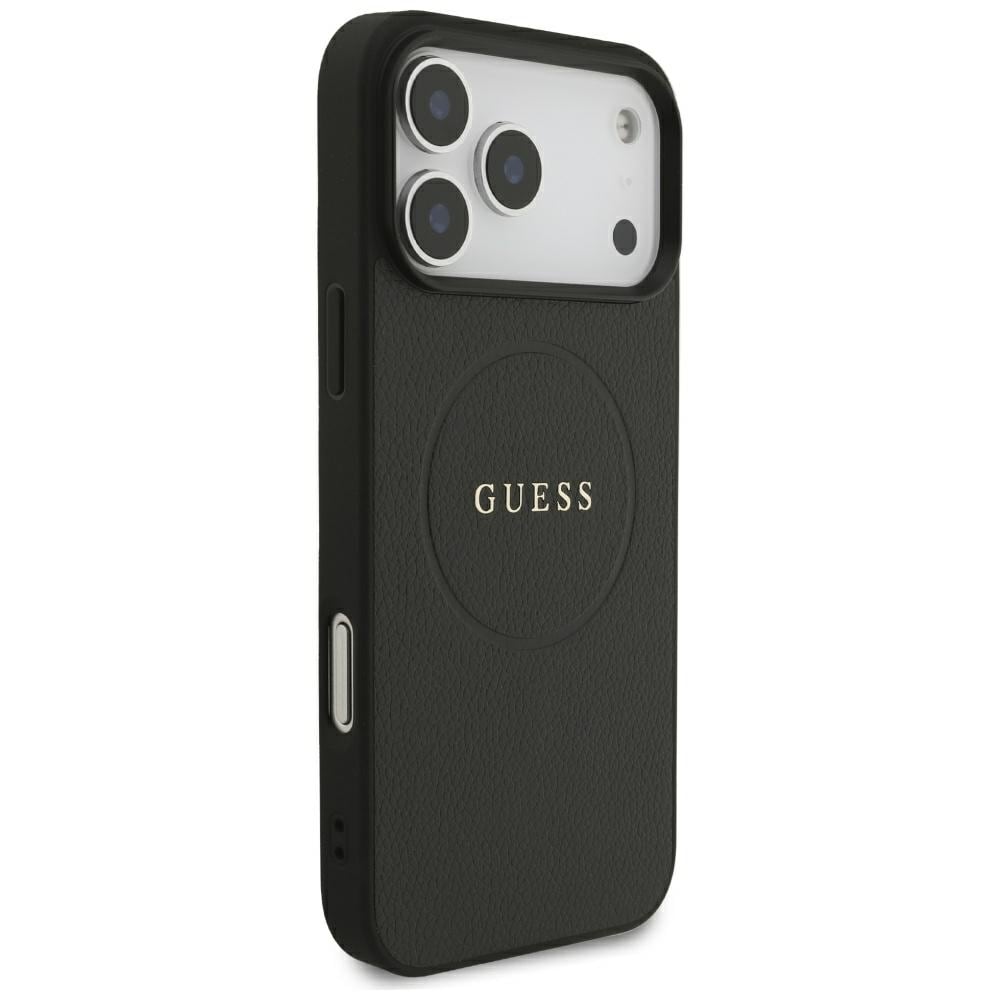Guess MagSafe-fodral med guldring i kornmönster för iPhone 18 Pro Max / 17 Pro Max – Svart