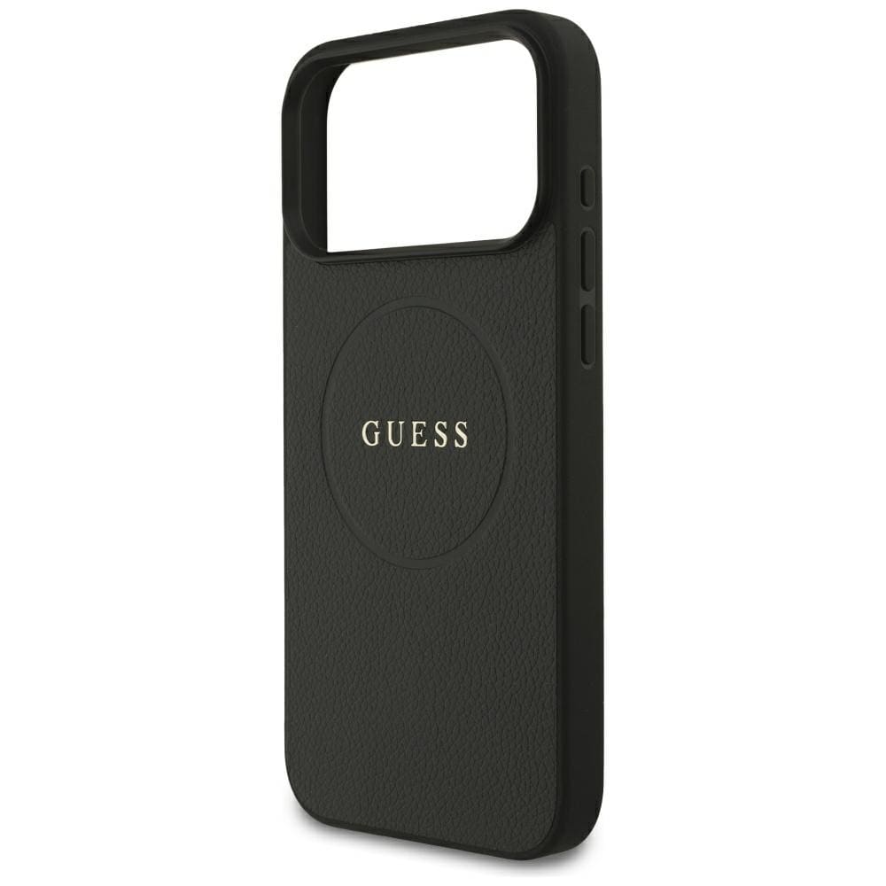 Guess MagSafe-fodral med guldring i kornmönster för iPhone 18 Pro Max / 17 Pro Max – Svart