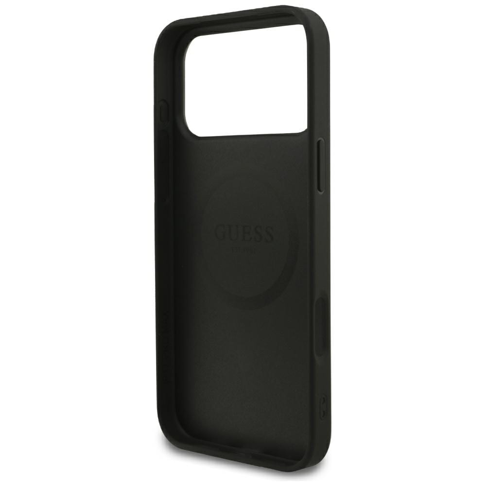 Guess MagSafe-fodral med guldring i kornmönster för iPhone 18 Pro Max / 17 Pro Max – Svart