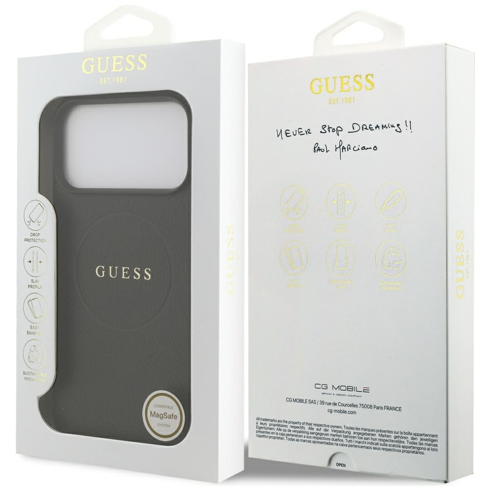 Guess MagSafe-fodral med guldring i kornmönster för iPhone 18 Pro Max / 17 Pro Max – Svart