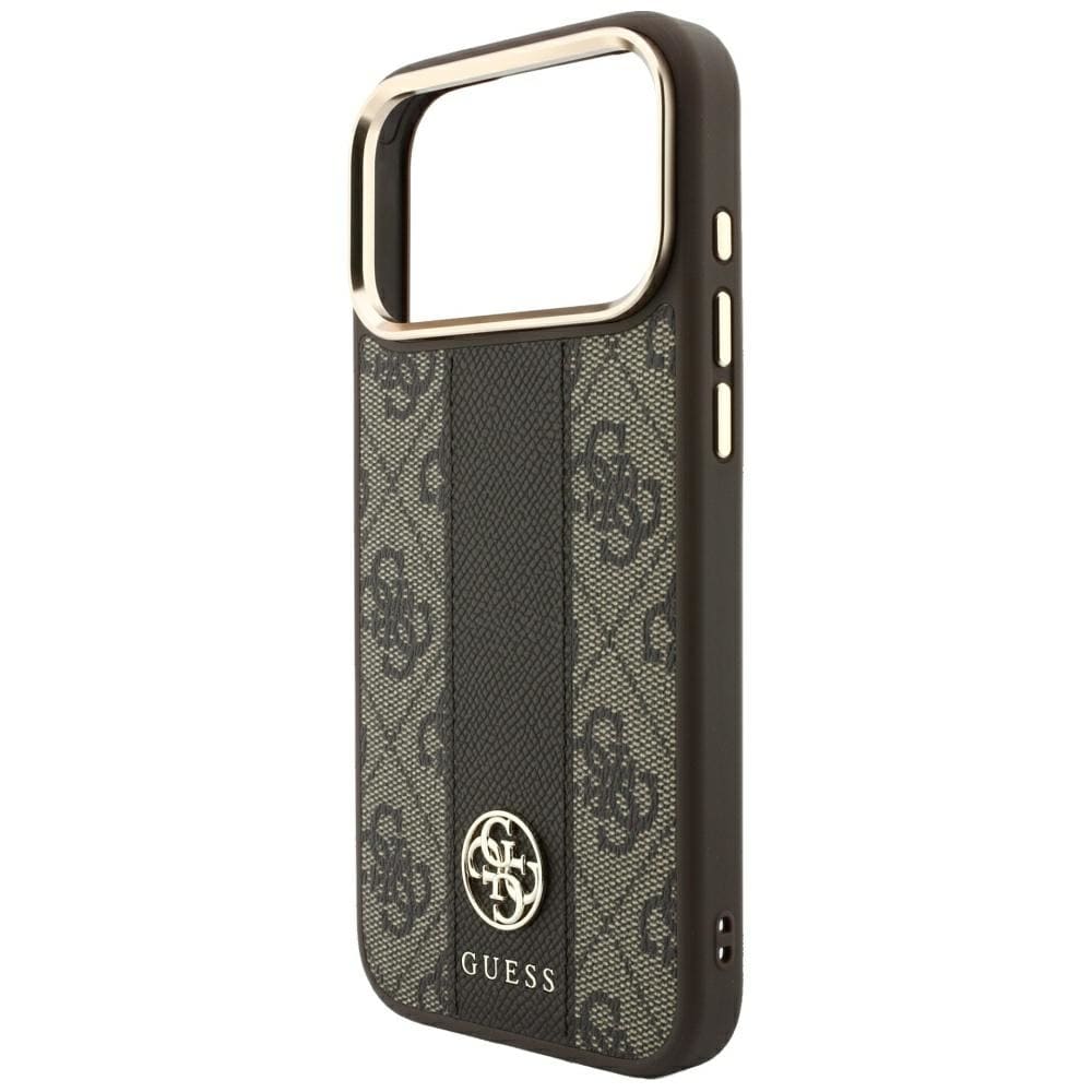 Guess 4G med Stripe-logoer i rund og Classic-udgave – MagSafe-etui til iPhone 17 Pro / 18 Pro – Brun