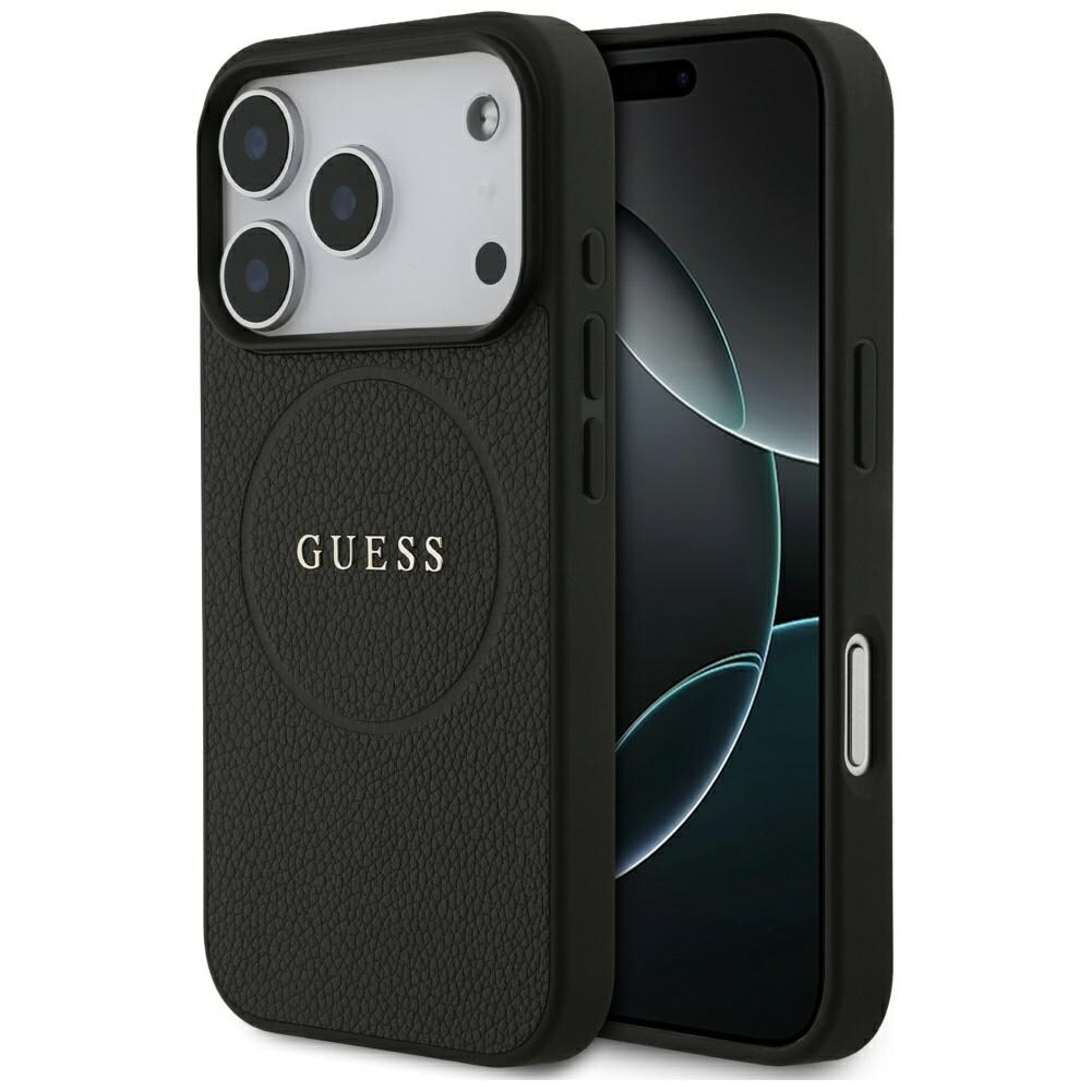 Guess MagSafe-fodral med kornmönstrad guldring för iPhone 18 Pro / 17 Pro – Svart