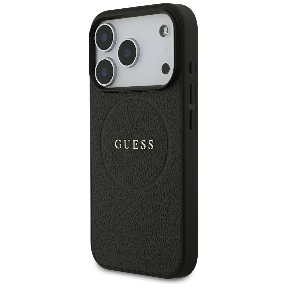 Guess MagSafe-fodral med kornmönstrad guldring för iPhone 18 Pro / 17 Pro – Svart