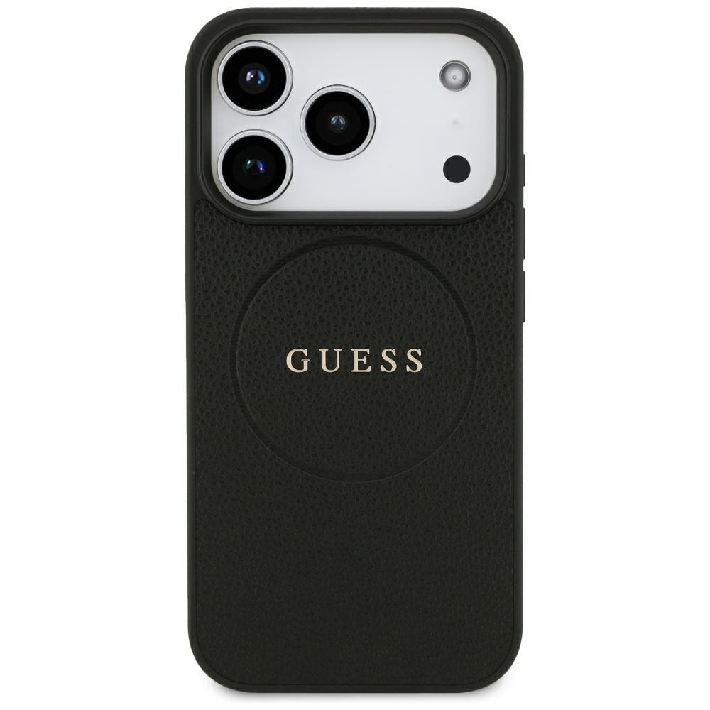 Guess MagSafe-fodral med kornmönstrad guldring för iPhone 18 Pro / 17 Pro – Svart