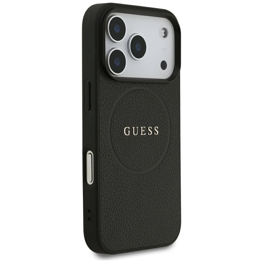 Guess MagSafe-fodral med kornmönstrad guldring för iPhone 18 Pro / 17 Pro – Svart