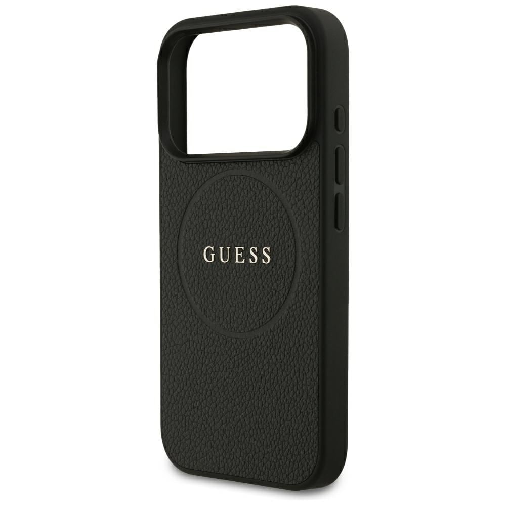 Guess MagSafe-fodral med kornmönstrad guldring för iPhone 18 Pro / 17 Pro – Svart
