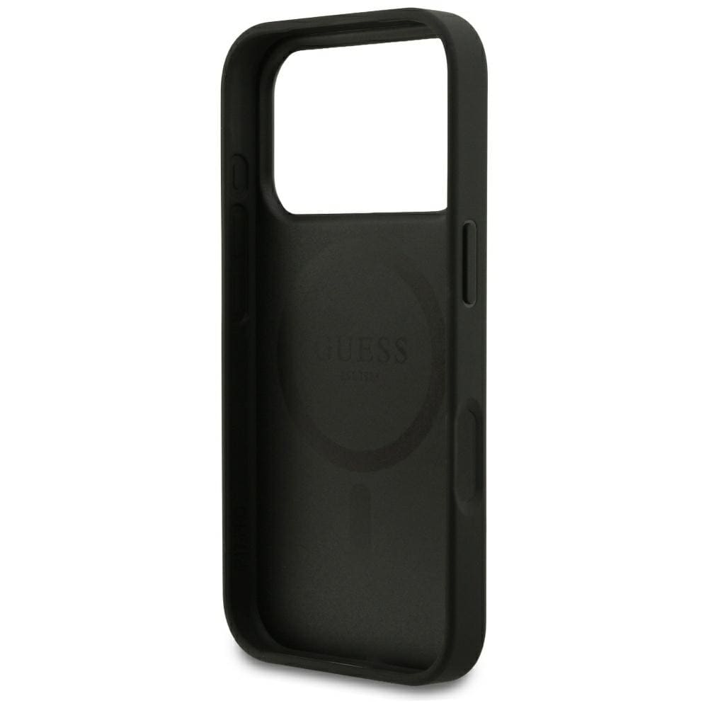Guess MagSafe-fodral med kornmönstrad guldring för iPhone 18 Pro / 17 Pro – Svart