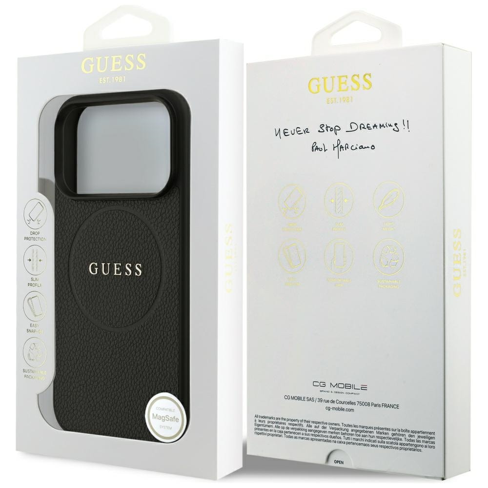 Guess MagSafe-fodral med kornmönstrad guldring för iPhone 18 Pro / 17 Pro – Svart