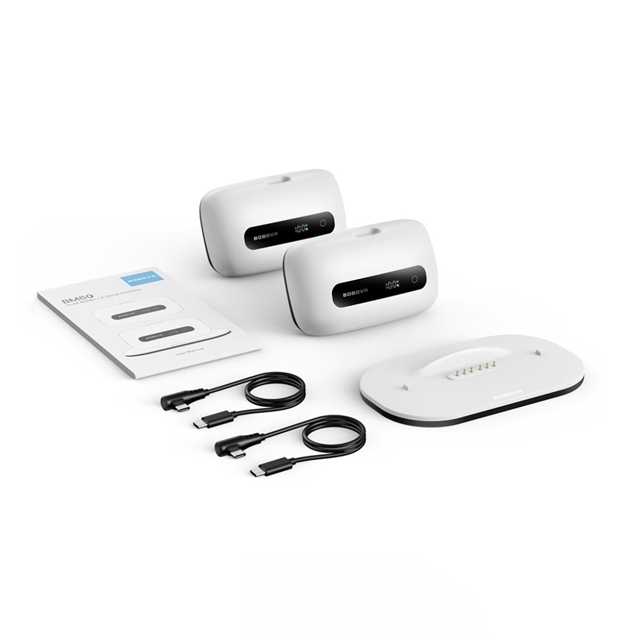 BoboVR BM60-2 6500 mAh-batteri för BoboVR M3 Pro+ och BoboVR M3, 2 st. med laddningsstation – vitt
