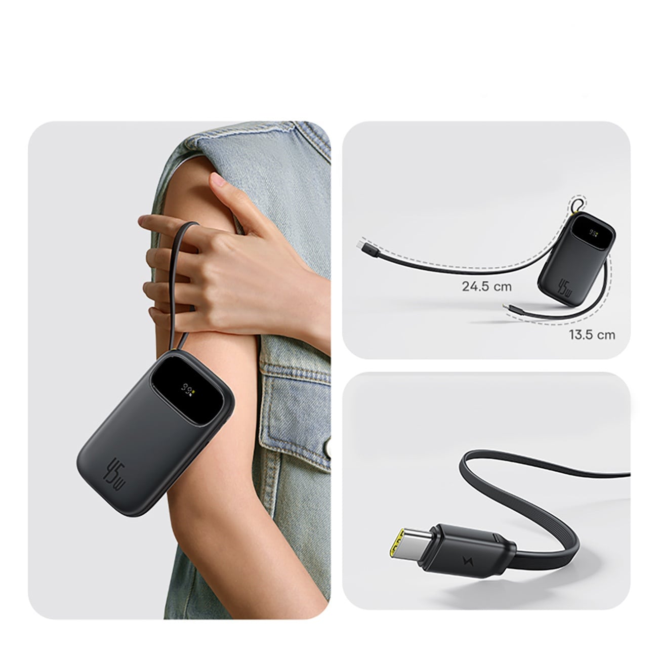 Baseus EnerFill FC31 QPow3 10 000 mAh 45 W powerbank m/display og 2 innebygde USB-C-kabler – svart