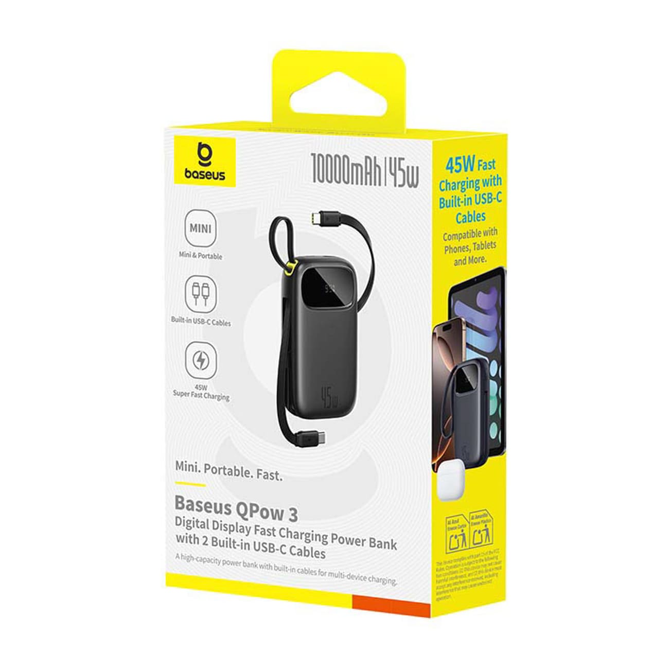 Baseus EnerFill FC31 QPow3 10 000 mAh 45 W powerbank m/display og 2 innebygde USB-C-kabler – svart