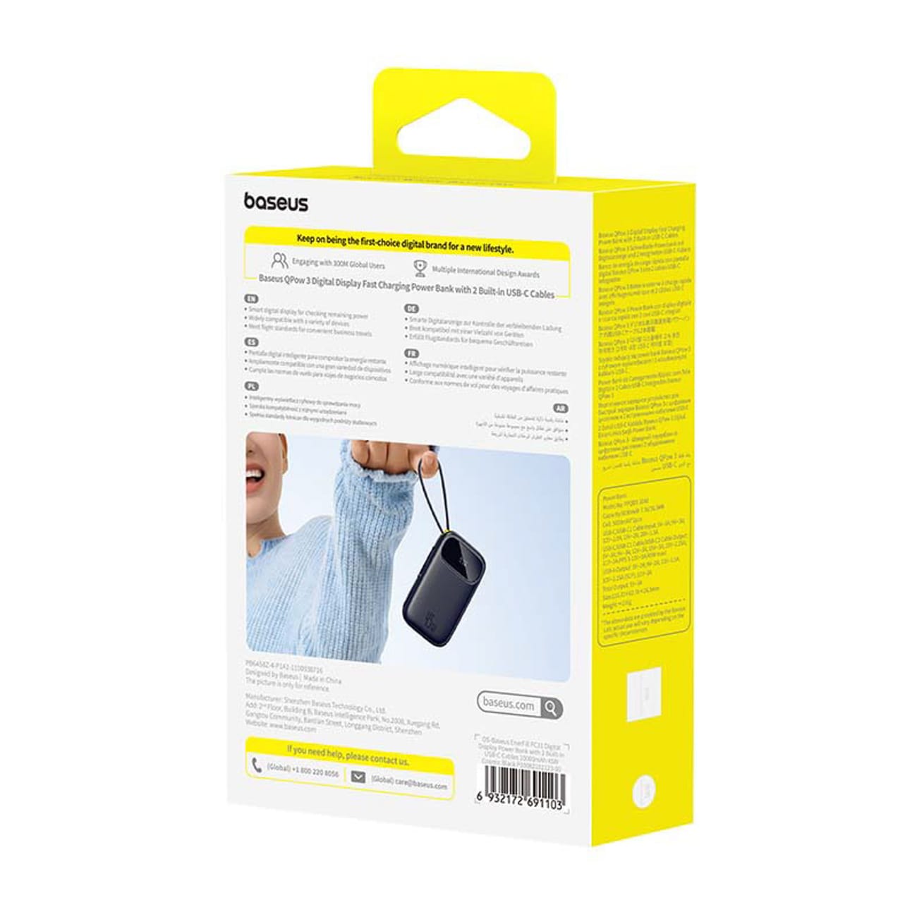 Baseus EnerFill FC31 QPow3 10 000 mAh 45 W powerbank m/display og 2 innebygde USB-C-kabler – svart