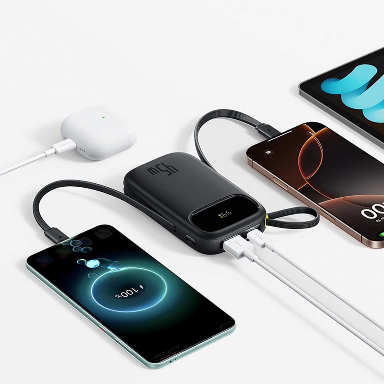 Baseus EnerFill FC31 QPow3 10 000 mAh 45 W powerbank m/display og 2 innebygde USB-C-kabler – svart