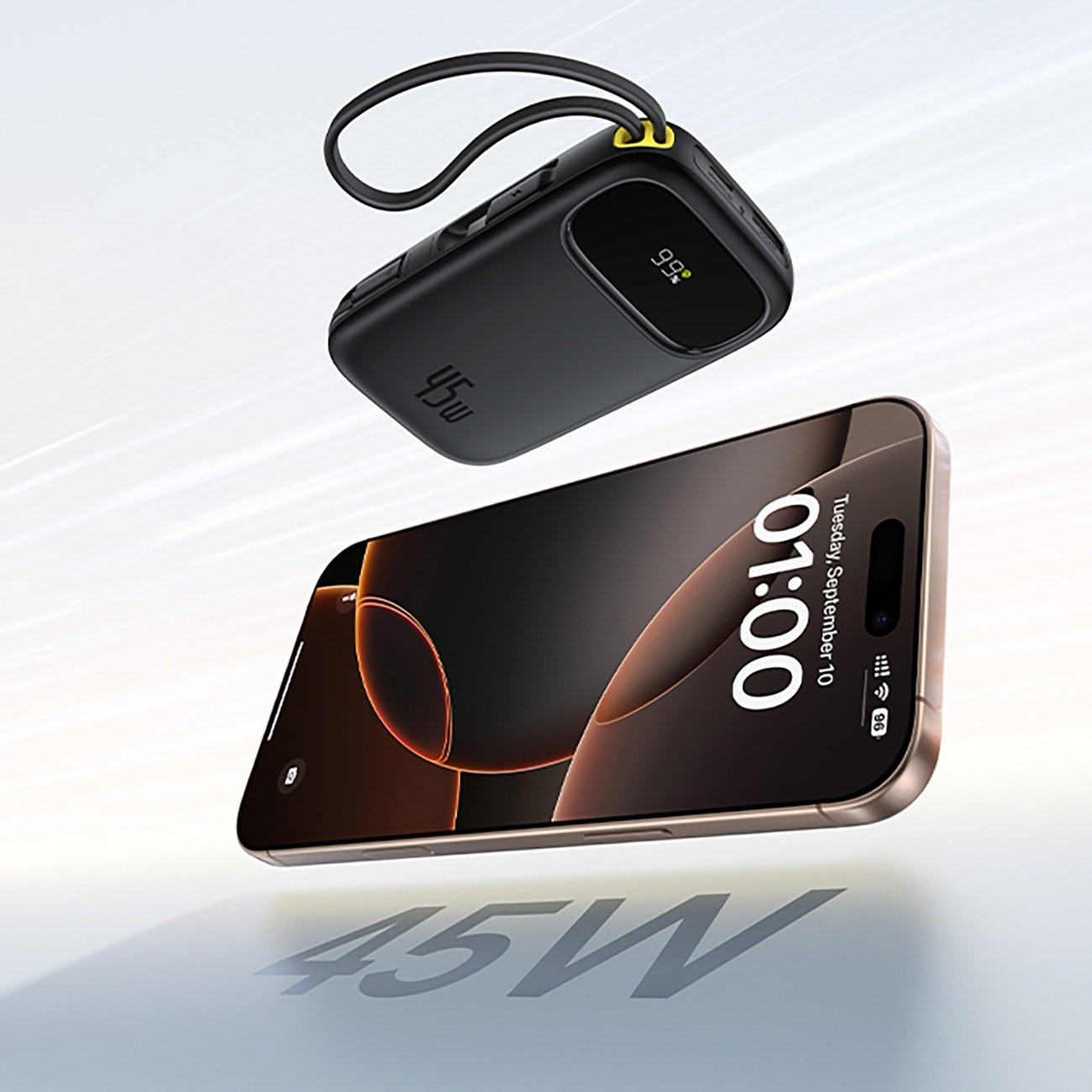 Baseus EnerFill FC31 QPow3 10 000 mAh 45 W powerbank m/display og 2 innebygde USB-C-kabler – svart