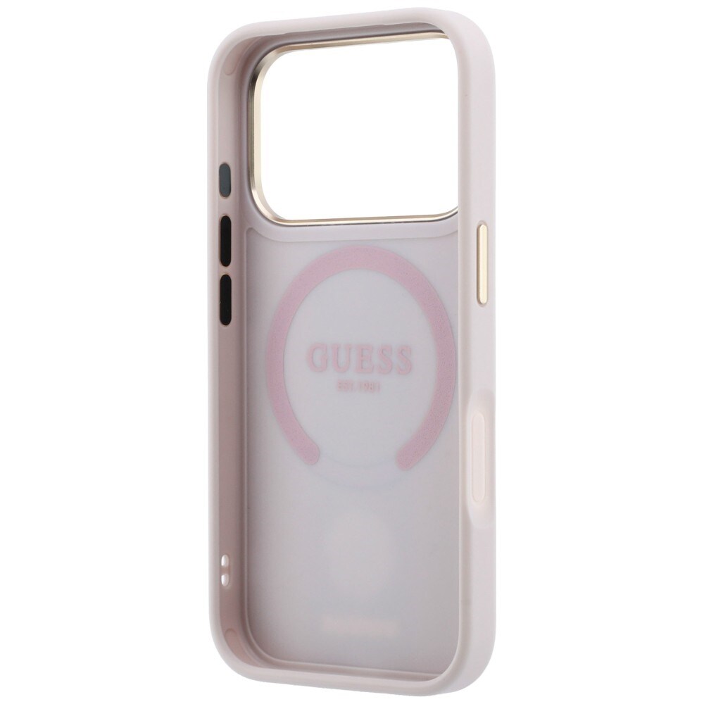 Guess 4G med Stripe-logotyper (runda & Classic) – MagSafe-fodral iPhone 17/18 Pro Max – Rosa