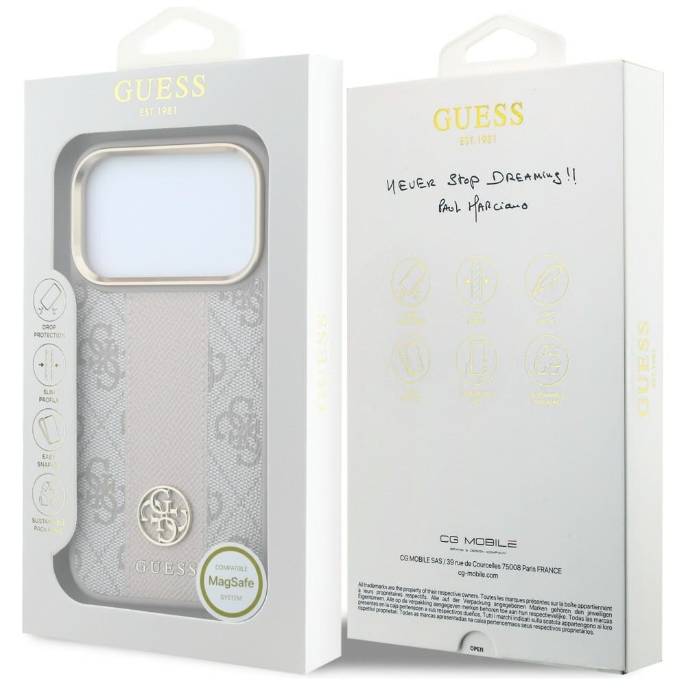 Guess 4G med Stripe-logotyper (runda & Classic) – MagSafe-fodral iPhone 17/18 Pro Max – Rosa