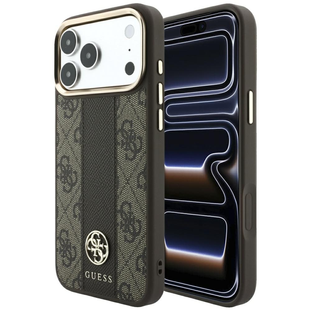 Guess 4G m. Stripe-logoer (rundt & Classic) – MagSafe-etui til iPhone 17/18 Pro Max – Brun