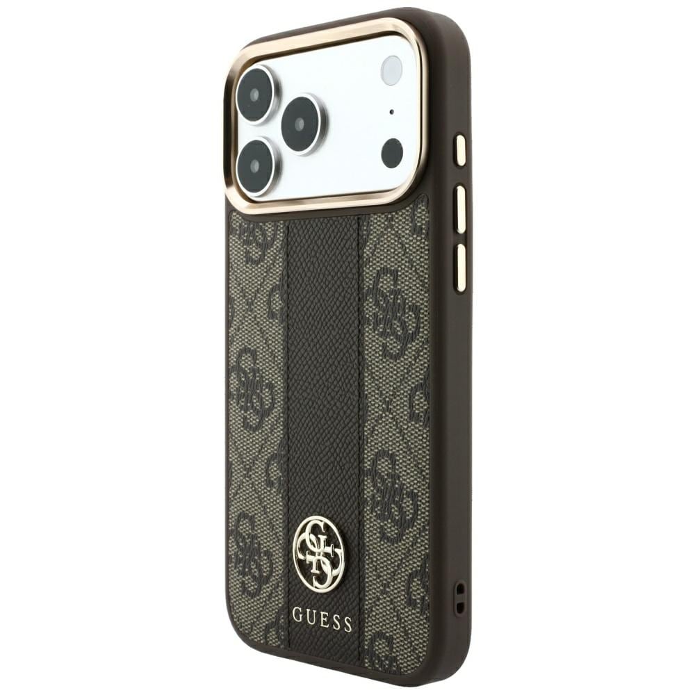 Guess 4G m. Stripe-logoer (rundt & Classic) – MagSafe-etui til iPhone 17/18 Pro Max – Brun