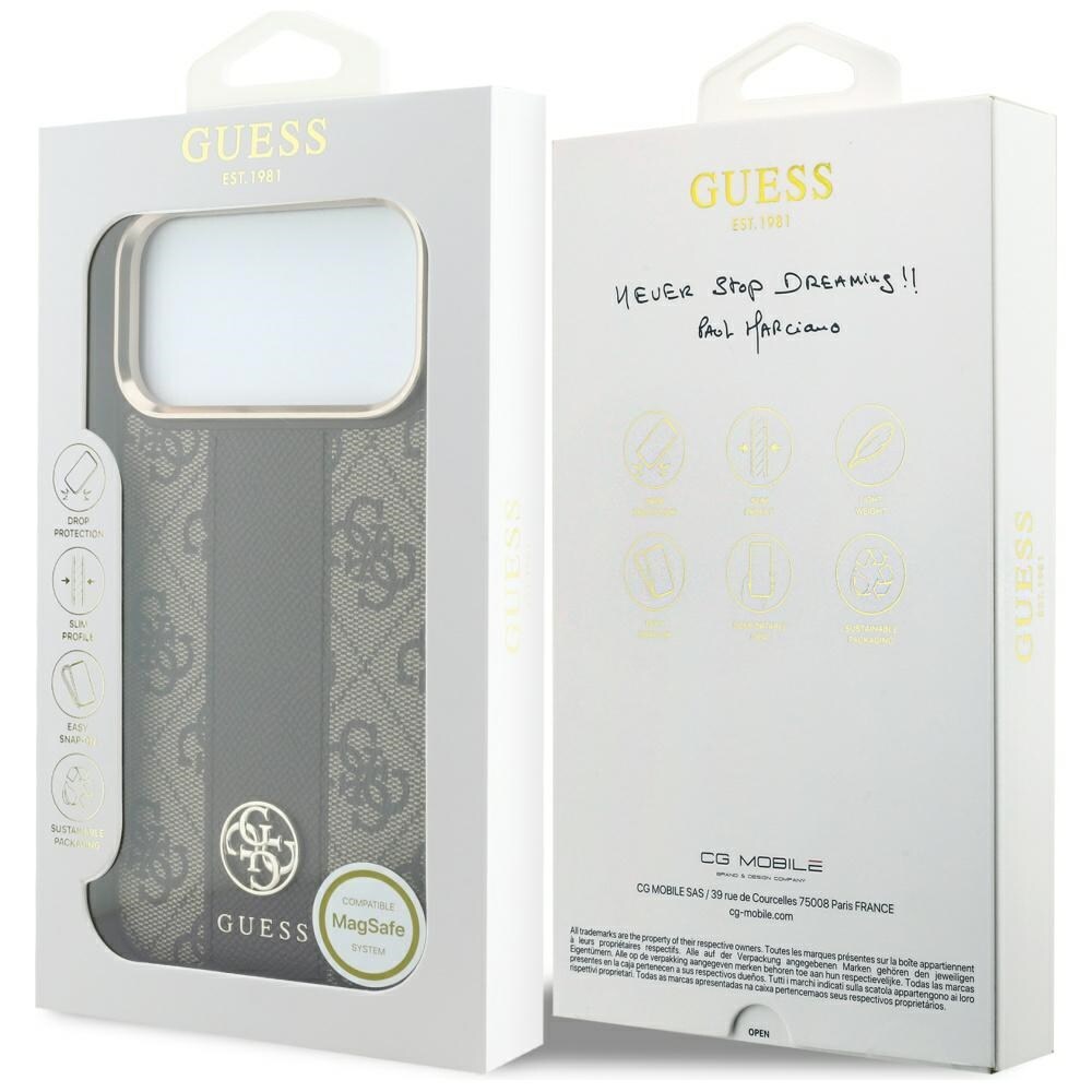 Guess 4G m. Stripe-logoer (rundt & Classic) – MagSafe-etui til iPhone 17/18 Pro Max – Brun