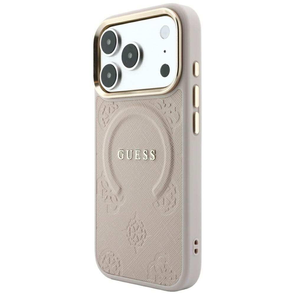 Guess Saffiano Peony & Ring MagSafe-fodral för iPhone 17 Pro / 18 Pro – rosa