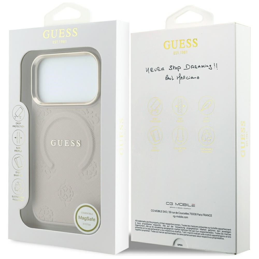Guess Saffiano Peony & Ring MagSafe-fodral för iPhone 17 Pro / 18 Pro – rosa